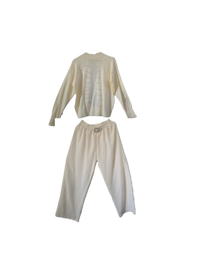 Long-sleeve knit top  Wide-leg elastic-waist pants - Image 1